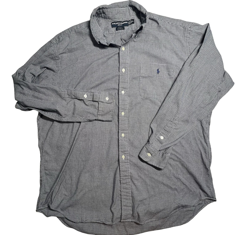 Ralph Lauren XL Button Down Shirt Mens Blue Houndstooth Tilden Golf Cotton